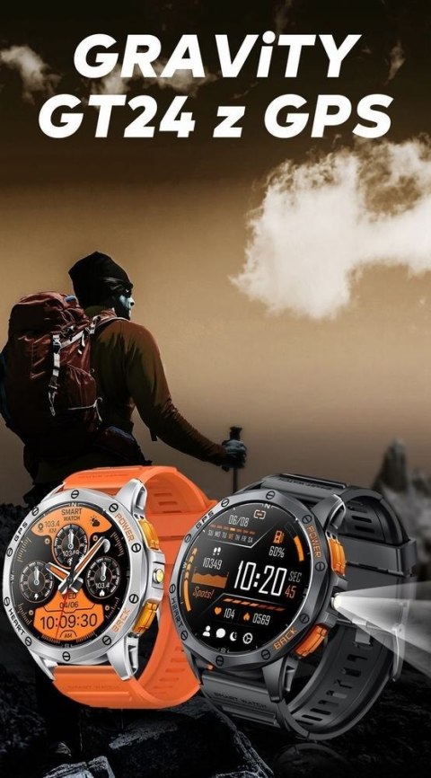 Smartwatch Męski GRAVITY GPS GT24-2 Czarny Pasek Silikonowy + Biały Pasek Silikonowy