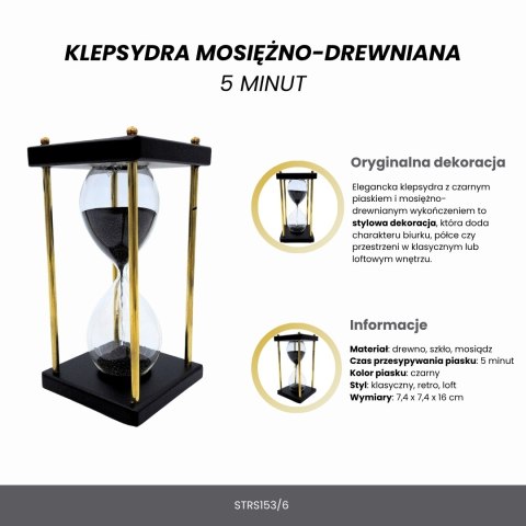 Klepsydra Mosiężno-Drewniana 5 minut - Czarny Piasek - Elegancka Dekoracja Retro - STRS