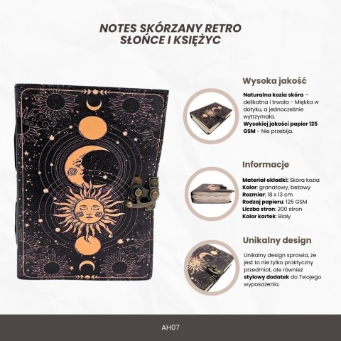 Notes Skórzany Słońce i Księżyc Ozdobny 200 stron - AH07