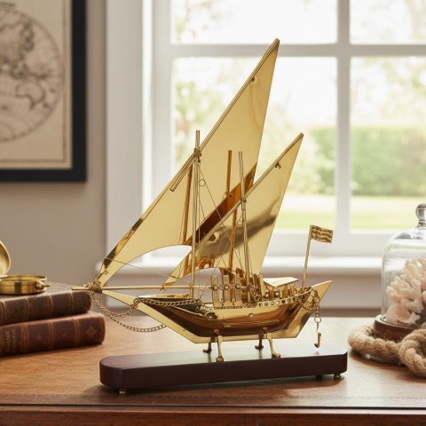 Okręt mosiężny na podstawie drewnianej 43cm - N-4453