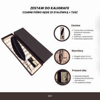 Zestaw do kaligrafii - czarne pióro gęsie ze stalówką + tusz - 1027