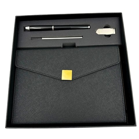 Elegancki Zestaw Prezentowy Premium - Notes A5 z Długopisem i Pendrive 16GB w Pudełku - Czarno-złoty - EE9