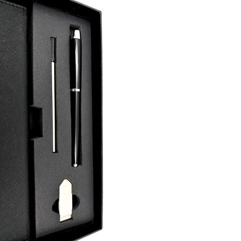 Elegancki Zestaw Prezentowy Premium - Notes A5 z Długopisem i Pendrive 16GB w Pudełku - Czarno-złoty - EE9